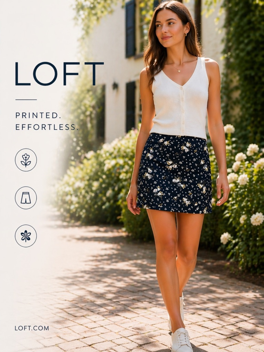 LOFT Black Mini Skirt‎ with White and Yellow Floral Print size 8